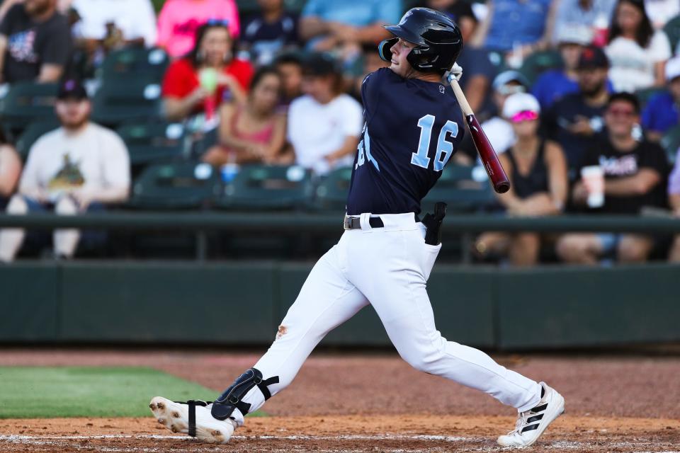 Hooks infielder Will Wagner (16) bats against Midland on Monday, July 4, 2022 at Whataburger Field in Corpus Christi, Texas.