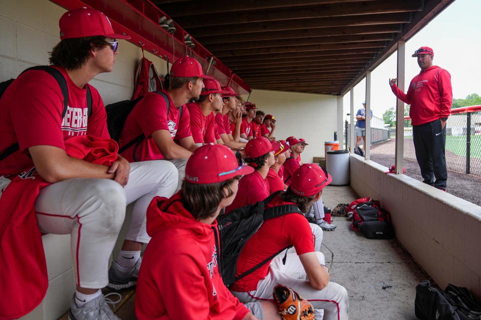 Head coach Keith Hatfield talks to his team during baseball practice Monday, June 12, 2023, at Center Grove High School in Greenwood. Center Grove will compete for the IHSAA 4A title Saturday, making school history. 