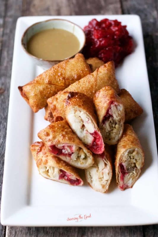 <p>Savoring the Good</p><p>Thanksgiving turkey egg rolls are the most delicious way to use up Thanksgiving leftovers. A crispy, golden brown egg roll wrapper surrounds your favorite Thanksgiving flavors. Dip in leftover gravy or spread on extra cranberry sauce.</p><p><strong>Get the recipe: <a href="https://www.savoringthegood.com/thanksgiving-turkey-egg-rolls/" rel="nofollow noopener" target="_blank" data-ylk="slk:Thanksgiving Turkey Egg Rolls;elm:context_link;itc:0;sec:content-canvas" class="link rapid-noclick-resp">Thanksgiving Turkey Egg Rolls</a></strong></p>
