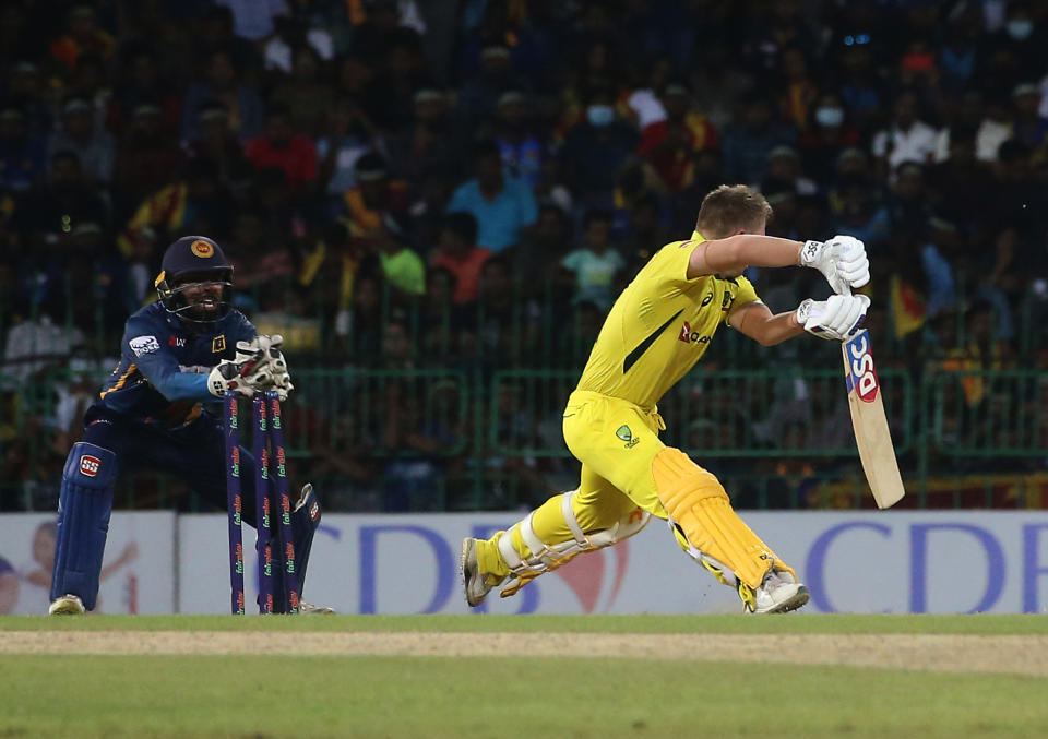 David Warner, pictured here being stumped on 99 in the fourth ODI between Australia and Sri Lanka.