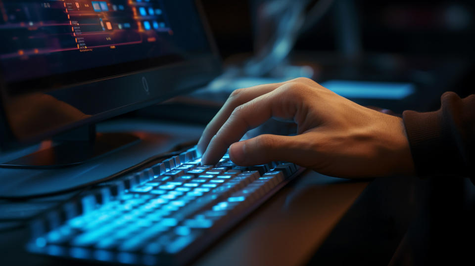 A close-up of a hand tapping away at a keyboard, using the company's software to carry out a transaction.