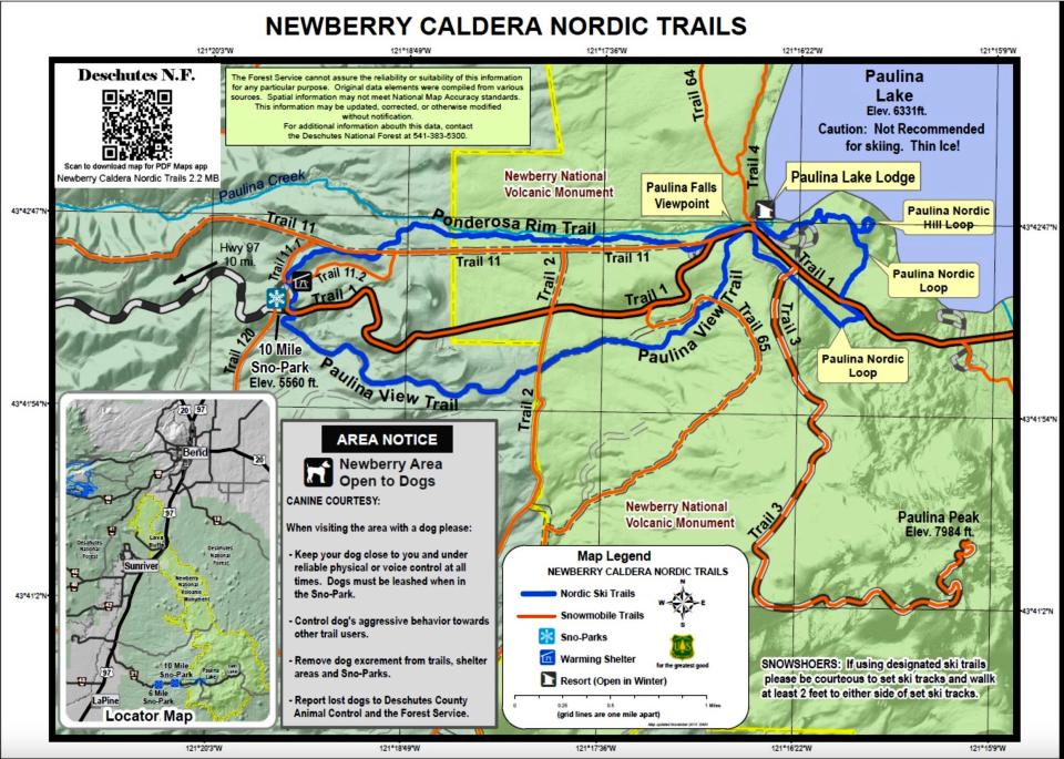 A map showing the winter trails at Newberry Volcanic National Monument in Central Oregon north of La Pine.