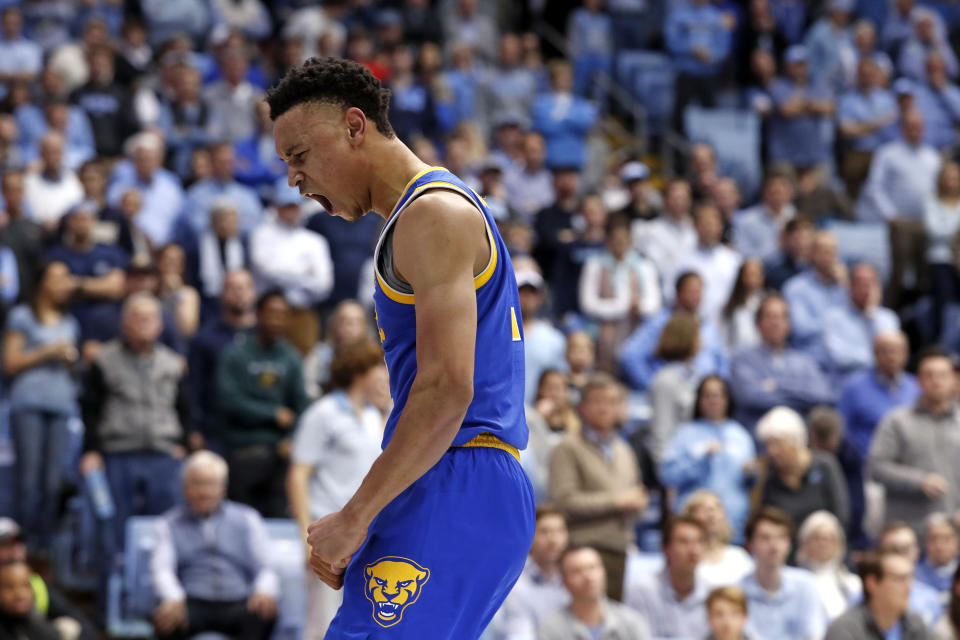Pittsburgh guard Trey McGowens (2) reacts following a basket against North Carolina during the second half of an NCAA college basketball game in Chapel Hill, N.C., Wednesday, Jan. 8, 2020. (AP Photo/Gerry Broome)