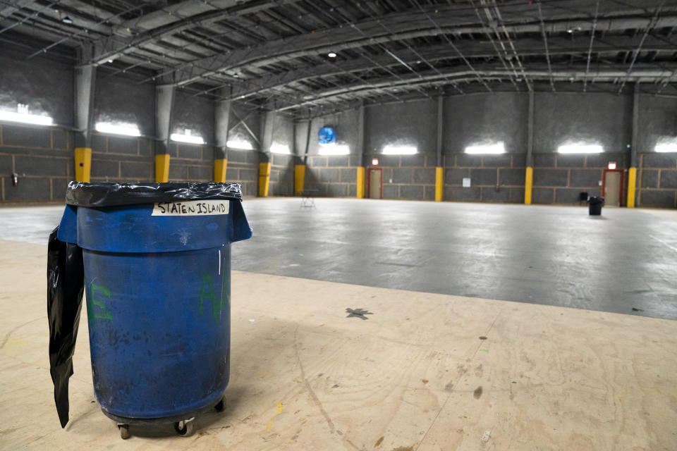 A gymnasium repurposed to be a soundstage complete with sound-proofed walls and flooring is shown at the former Arthur Kill Correctional Facility, Tuesday, May 11, 2021, in the Staten Island borough of New York. The facility was purchased by Broadway Stages in 2017 and has been transformed into a film and television studio. Much of the prison was preserved as a set, lending authenticity to scenes in productions. Five other sound stages are being built on the 69-acre site, giving production companies the ability to shoot entire projects. (AP Photo/John Minchillo)