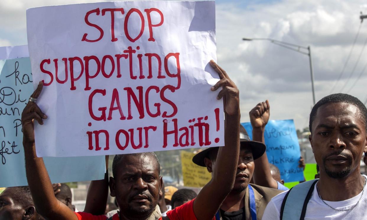 <span>An activist during a protest demanding the resignation of Haitian president Jovenel Moïse in 2021.</span><span>Photograph: Dieu Nalio Chery/AP</span>