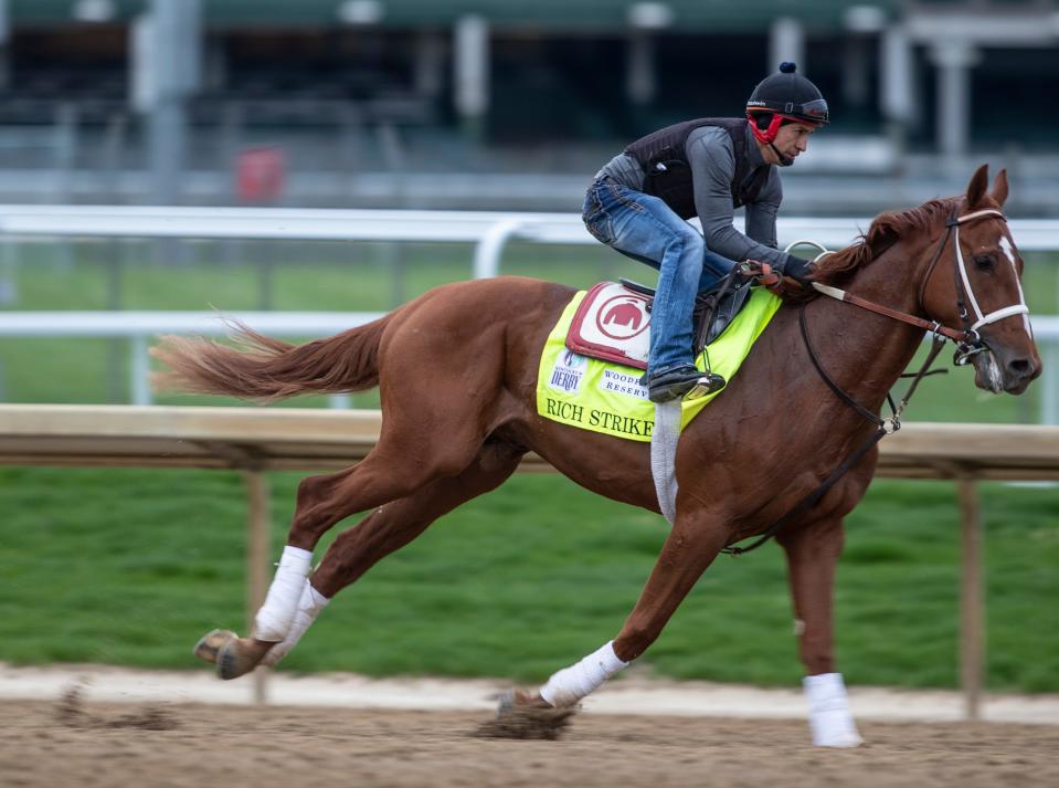 Kentucky Derby hopeful, Rich Strike, trained by Eric Reed, trains at Churchill Downs. April 29, 2022