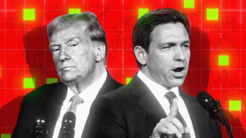 Republican presidential candidates Donald Trump and Ron DeSantis against a red background with map detail and neon yellow check boxes
