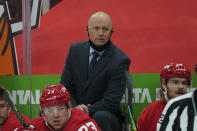 Detroit Red Wings head coach Jeff Blashill watches against the Carolina Hurricanes in the first period of an NHL hockey game Saturday, Jan. 16, 2021, in Detroit. (AP Photo/Paul Sancya)