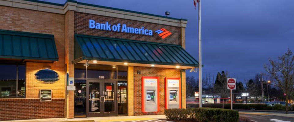 Bank of America branch building in Beaverton at twilight