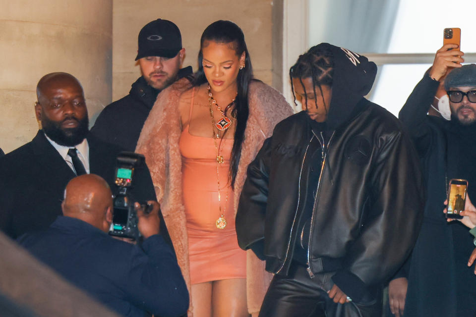 PARIS, FRANCE - FEBRUARY 28: Rihanna and ASAP Rocky are seen leaving the Off-White Womenswear Fall/Winter 2022/2023 show as part of Paris Fashion Week on February 28, 2022 in Paris, France. (Photo by Pierre Suu/Getty Images)