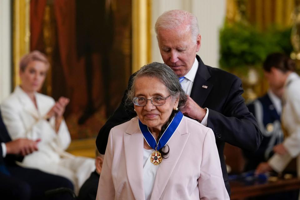 President Joe Biden awards the nation's highest civilian honor, the Presidential Medal of Freedom, to Diane Nash at the White House in Washington, Thursday, July 7, 2022. (AP Photo/J. Scott Applewhite)