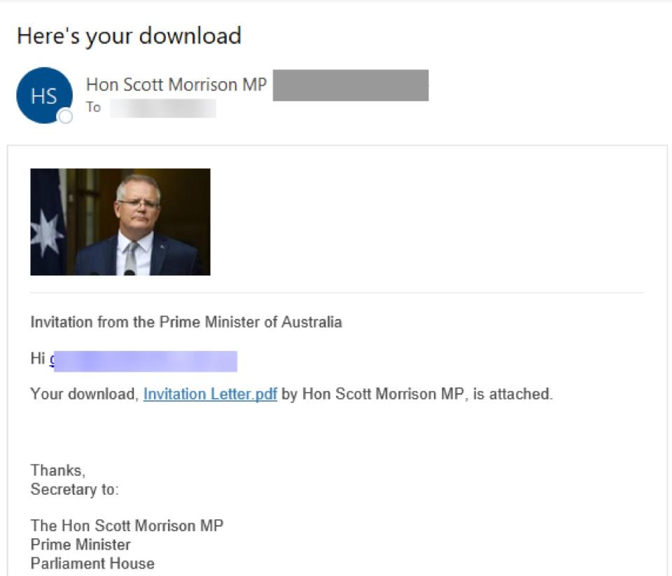 Scott Morrison scam email, showing a picture of the prime minister and the invitation letter link.