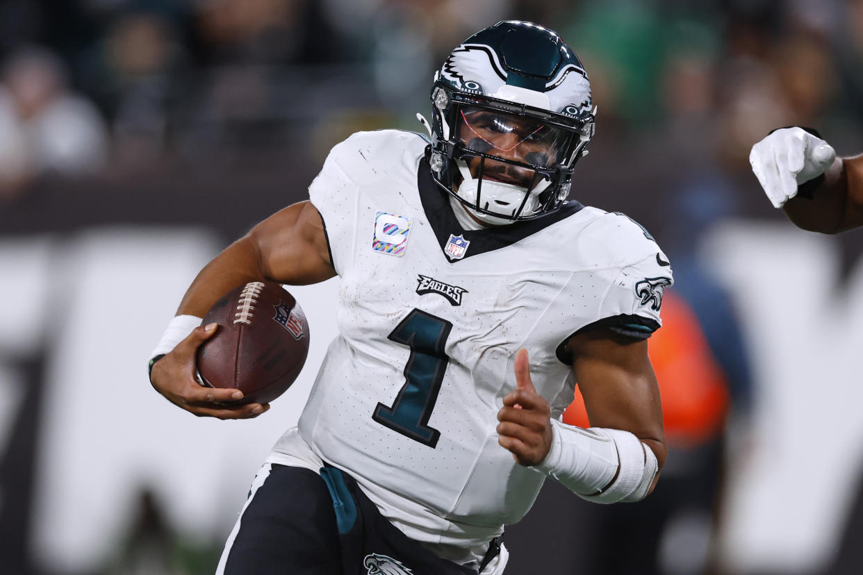 Philadelphia Eagles quarterback Jalen Hurts (1) in action against the New York Jets during an NFL football game, Sunday, Oct. 15, 2023, in East Rutherford NJ. (AP Photo/Rich Schultz)