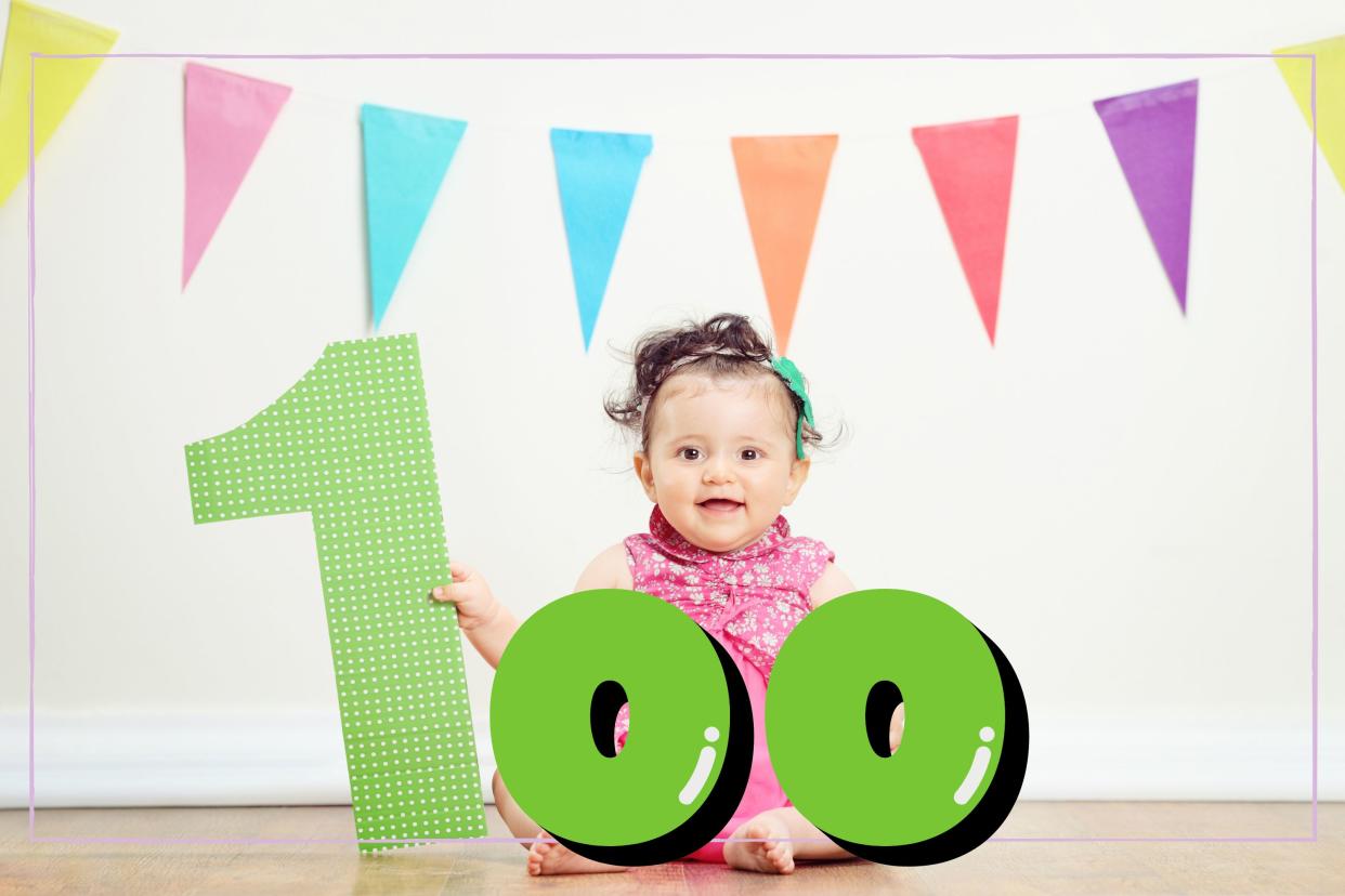  Baby holding number one, canva used to add 00 to make 100. 