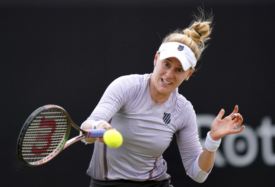 USA's Alison Riske returns the ball to Brazil's Beatriz Haddad Maia on day nine of the Nottingham Cup Open tennis championship in Nottingham, England, Sunday June 12, 2022. (Tim Goode/PA via AP)