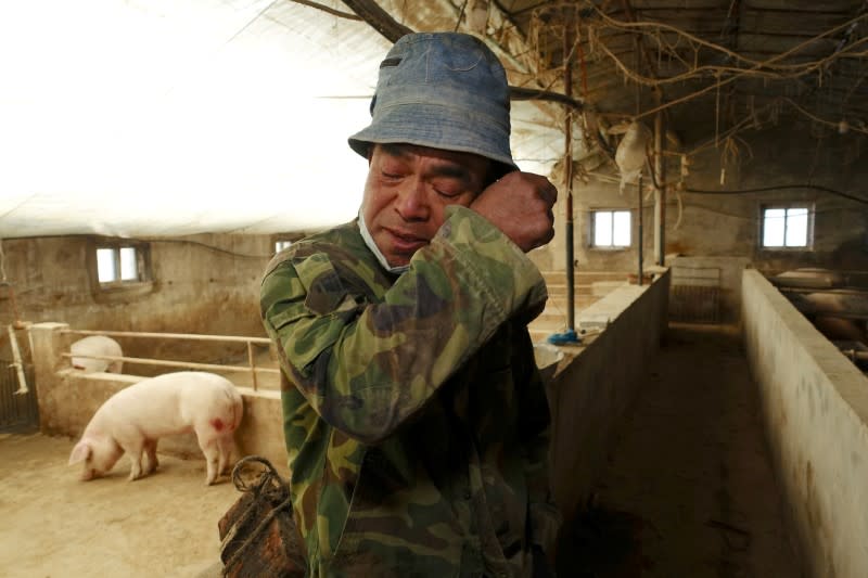 FILE PHOTO: Pig farmer Han Yi wipes his tears as he speaks to Reuters on his farm at a village in Changtu