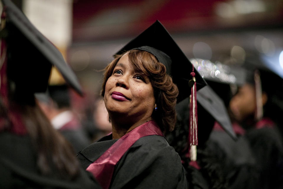 A commencement ceremony for Strayer University,  a private, for-profit educational institution.   Strayer University specializes in higher education for working adults seeking career advancement. (Photo by Brooks Kraft LLC/Corbis via Getty Images)