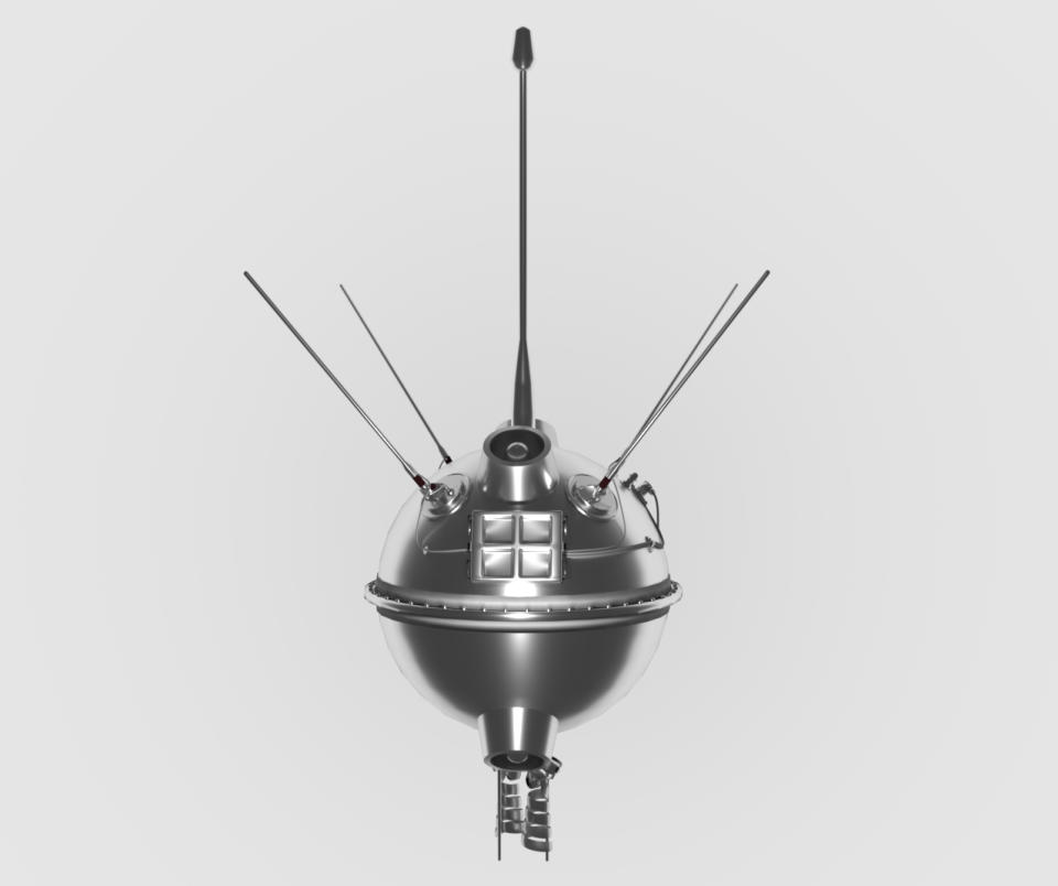 A chrome sphere with a cloud at the bottom and four antennas stick out up to the top, and one antenna sitting straight up.