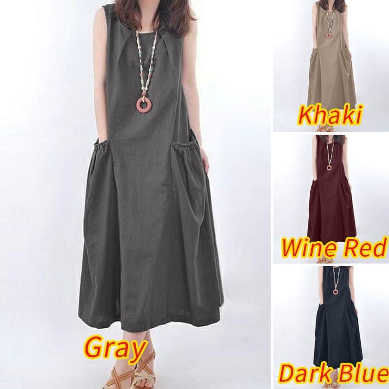 ZANZEA Women Elegant OL Work Sleeveless Solid Midi Casual A-line Vestido Dresses. (Photo: Shopee SG)