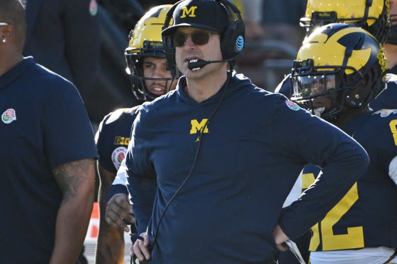 Head coach Jim Harbaugh led Michigan to an 89-25 record over nine seasons. File Photo by Jon SooHoo/UPI