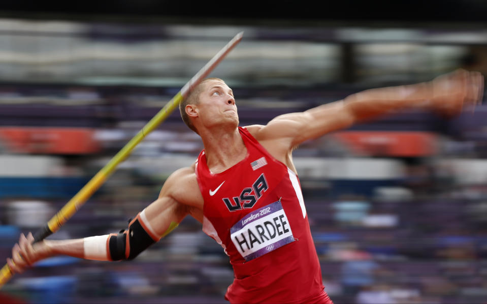 FILE - United States' Trey Hardee takes a throw in the decathlon javelin throw during the athletics in the Olympic Stadium at the 2012 Summer Olympics, London, Thursday, Aug. 9, 2012. (AP Photo/Matt Dunham, File)