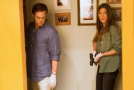 Michael C. Hall as Dexter Morgan and Jennifer Carpenter as Debra Morgan in the "Dexter" Season 8 episode, "This Little Piggy."