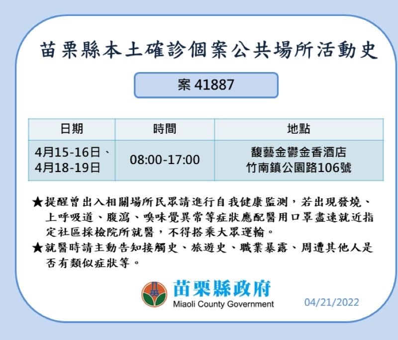 苗栗縣確診個案公共場所活動史。   圖：苗栗縣政府提供