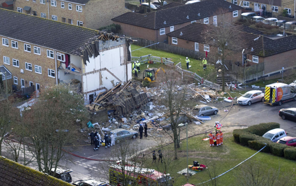 An aerial view of the scene in Launcelot Close, Andover, where Hampshire Police say that the body of a James Kirkby was found after an explosion caused a building to collapse on Thursday. (PA).