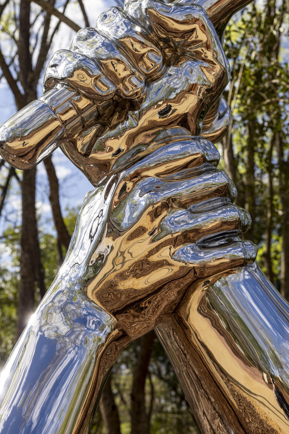 "Strike," by Hank Willis Thomas, stainless steel, 2018, during a media tour of Equal Justice Initiative's new Freedom Monument Sculpture Park, Tuesday, March 12, 2024, in Montgomery, Ala. (AP Photo/Vasha Hunt)