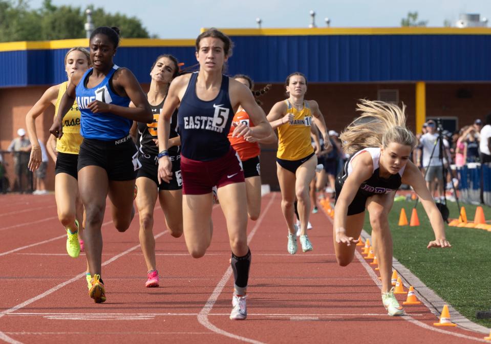 Rumson's Clemmie Lilley places 2nd as she tries to lean at the line during the Girls 800. NJSIAA Track Meet of Champions in Franklin Township on June 15, 2023.