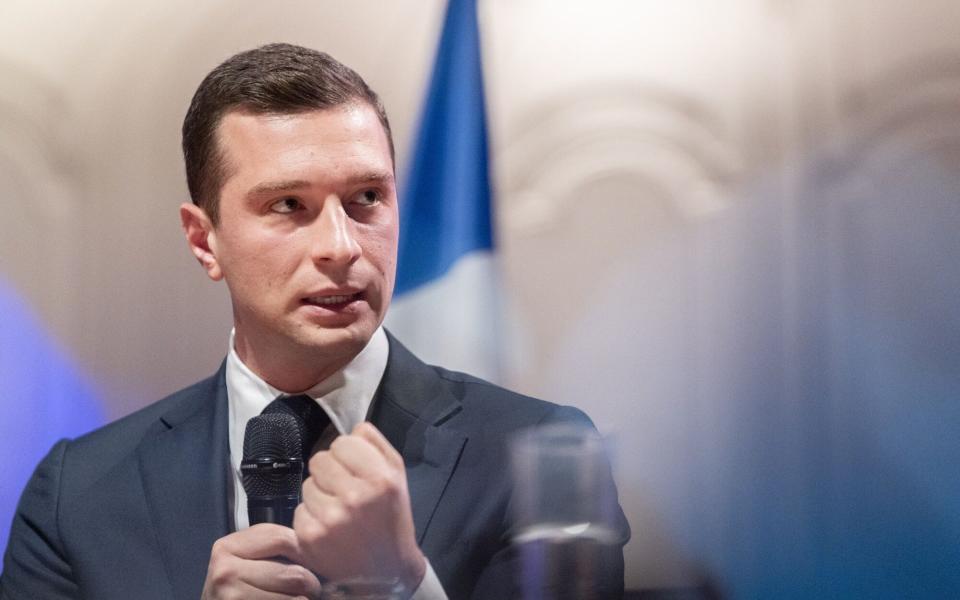 Jordan Bardella speaks to Medef in Paris, today