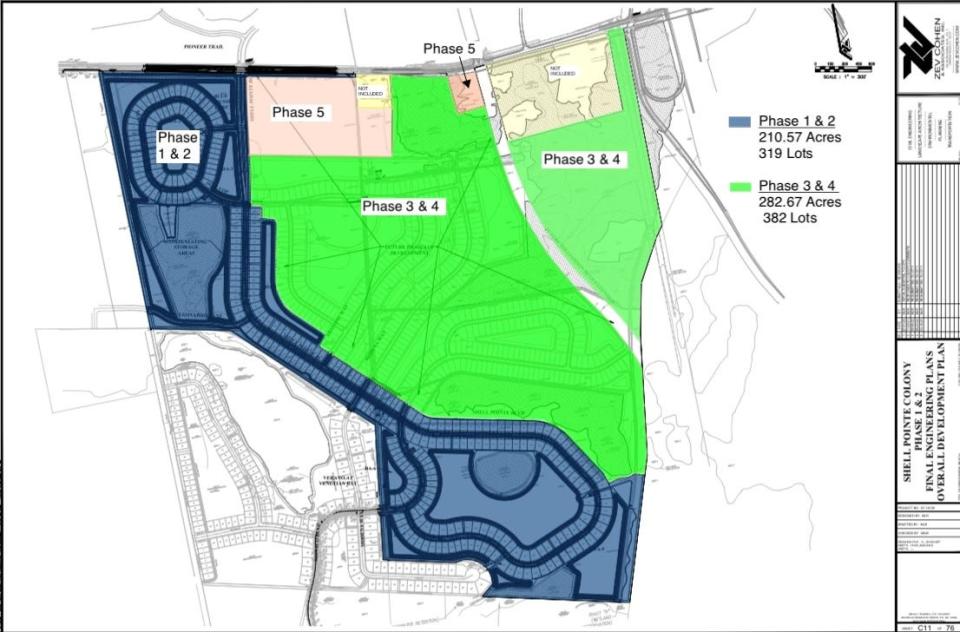 This site map shows the future Shell Pointe Colony residential subdivision where national homebuilder Taylor Morrison Homes plans to build 701 homes along the south side of Pioneer Trail, west of Interstate 95, in New Smyrna Beach. Phase 5 has been set aside for a future shopping village. The map also shows the future southward extension of Williamson Boulevard.