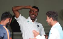 <p>India’s Hardik Pandya tries his hand at the viral Dele Alli celebration during the England v India test match. (Reuters) </p>