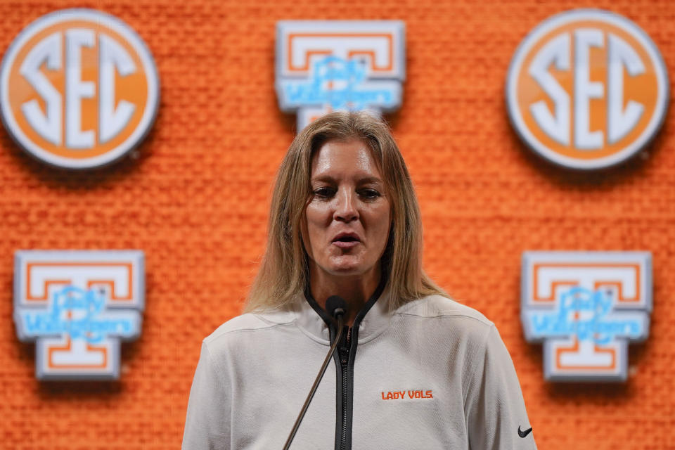 Tennessee NCAA women's college basketball head coach Kellie Harper speaks during Southeastern Conference Media Days, Thursday, Oct. 19, 2023, in Birmingham, Ala. (AP Photo/Mike Stewart)