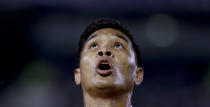 River Plate's Teofilo Gutierrez watches the ball during an Argentine league soccer match against Velez Sarsfield in Buenos Aires, Argentina, Sunday, April 20, 2014. (AP Photo/Natacha Pisarenko)