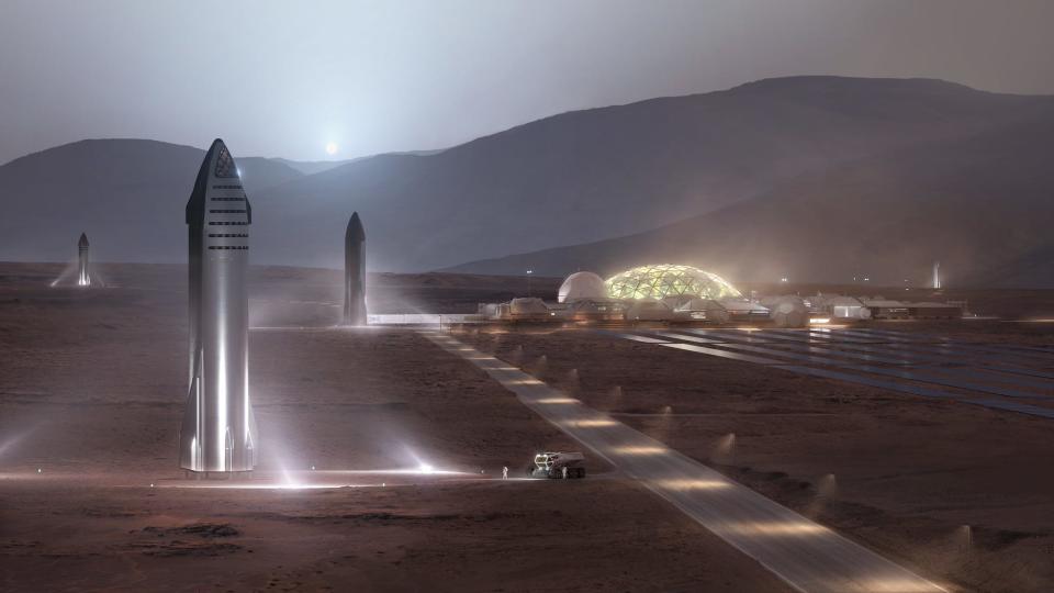 An artist's rendering shows several Starships landing on Mars, next to colonies of humans, in a theoretical future.