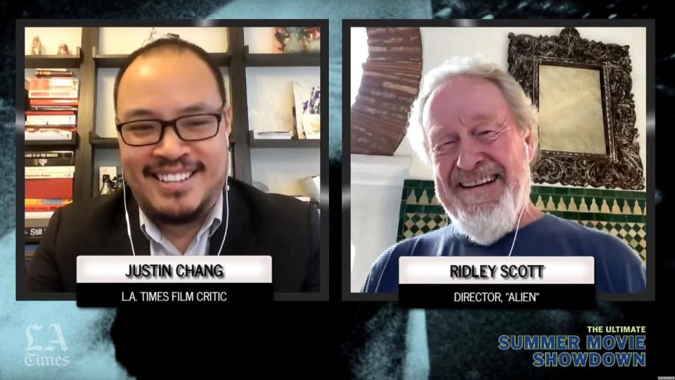 Los Angeles Times film critic Justin Chang chats with Ridley Scott about his film "Alien" in week 4 of the Ultimate Summer Movie Showdown. <span class="copyright">(Ken Kwok / Los Angeles Times)</span>