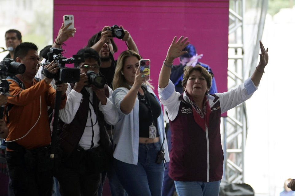 Morena gubernatorial candidate Delfina Gomez campaigns in Valle de Chalco, Mexico, Sunday, May 28, 2023. Voters in the state of Mexico go to the polls on June 4 to elect a new governor. (AP Photo/Marco Ugarte)