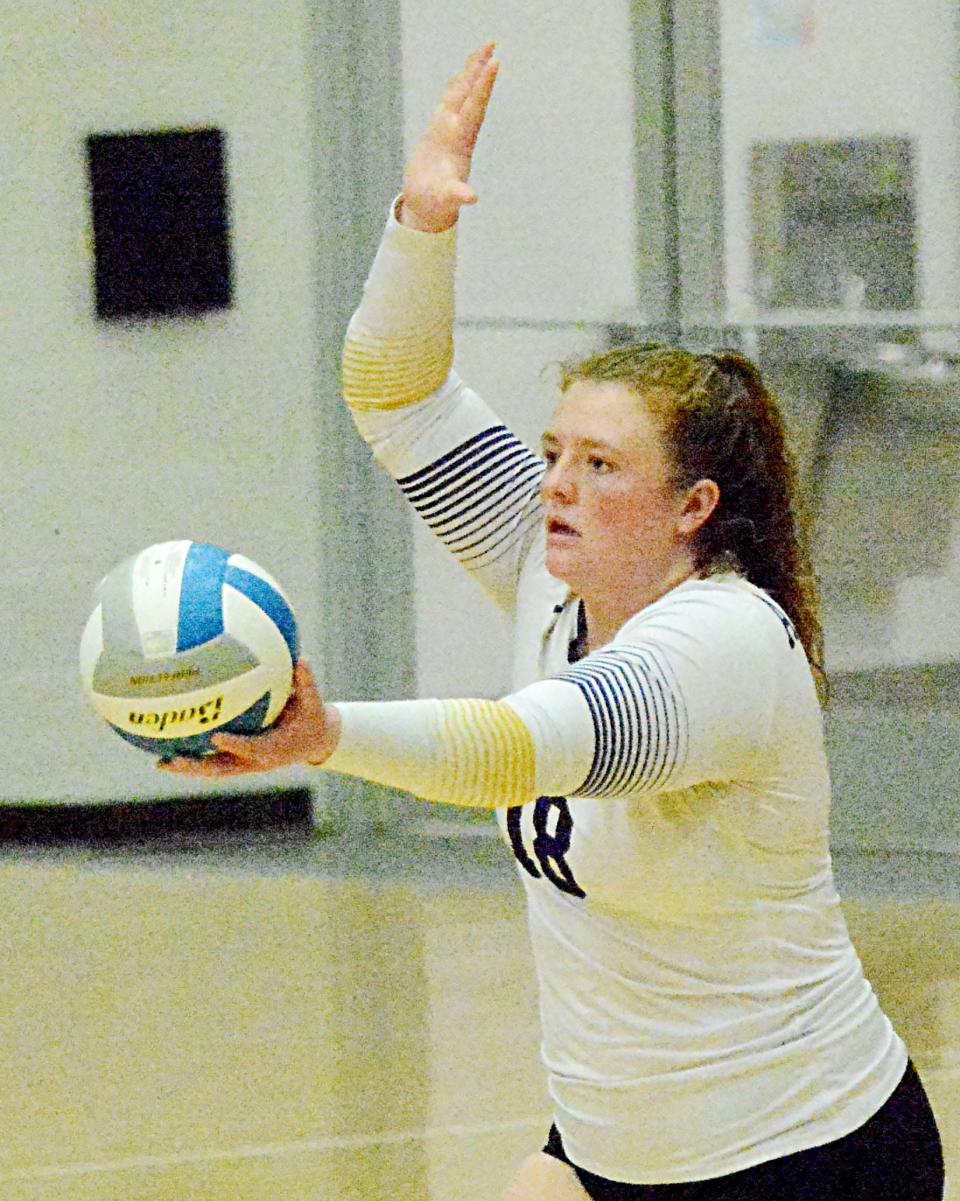 Watertown's Paige McAreavey gets ready to serve the ball against Sioux Falls Lincoln during their high school volleyball match on Tuesday, Oct. 11, 2022 in the Civic Arena. Lincoln won 3-1.