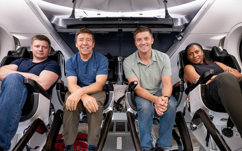 The Crew 8 astronauts during training in a Crew Dragon simulator (left to right): Russian cosmonaut Alexander Grebenkin, co-pilot Michael Barratt, commander Matthew Dominick and Jeanette Epps. Barratt is making his third trip to space while his crewmates are making their first. / Credit: SpaceX/NASA