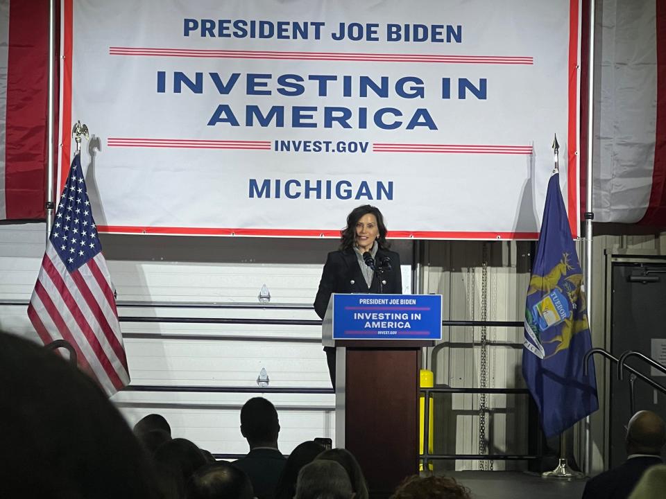 Michigan Gov. Gretchen Whitmer speaks at an event announcing funding for the reopening of the Palisades Nuclear Plant on Wednesday, March 27, 2024, in Covert Township, Mich. The plant is poised to be the first shuttered nuclear power facility to reopen in the U.S.