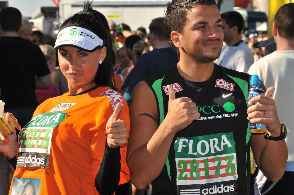 LONDON - APRIL 26:  Katie Price and Peter Andre  takes part in the 29th Flora London Marathon on April 26, 2009 in London, England.  (Photo by Ferdaus Shamim/WireImage) 