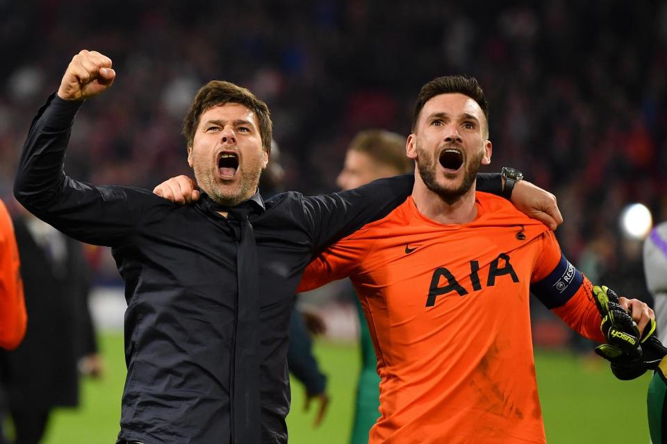 Pochettino and Lloris celebrate after Spurs reached the Champions League final last season with a dramatic win at Ajax Photo: Getty Images