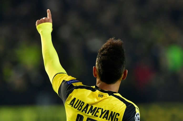 Dortmund forward Pierre-Emerick Aubameyang celebrates after scoring a hat-trick against Benfica in their Champions League match in western Germany, on March 8, 2017