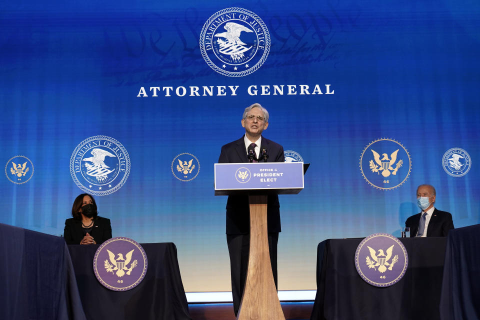 FILE - In this Jan. 7, 2021, file photo Attorney General nominee Judge Merrick Garland speaks during an event with President-elect Joe Biden and Vice President-elect Kamala Harris at The Queen theater in Wilmington, Del. The once-snubbed Supreme Court pick will finally come before the Senate, this time as President Joe Biden's choice for attorney general. Garland, an appeals court judge, is widely expected to sail through his confirmation process, beginning Monday at a hearing, with bipartisan support. (AP Photo/Susan Walsh, File)