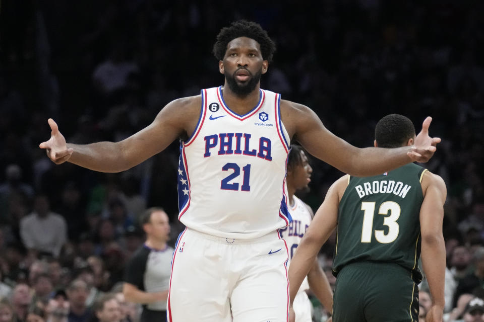 Philadelphia 76ers center Joel Embiid celebrates after hitting a 3-pointer against the Boston Celtics during the second half of Game 5 in the NBA basketball Eastern Conference semifinals playoff series, Tuesday, May 9, 2023, in Boston. The 76ers defeated the Celtics 115-103. (AP Photo/Charles Krupa)