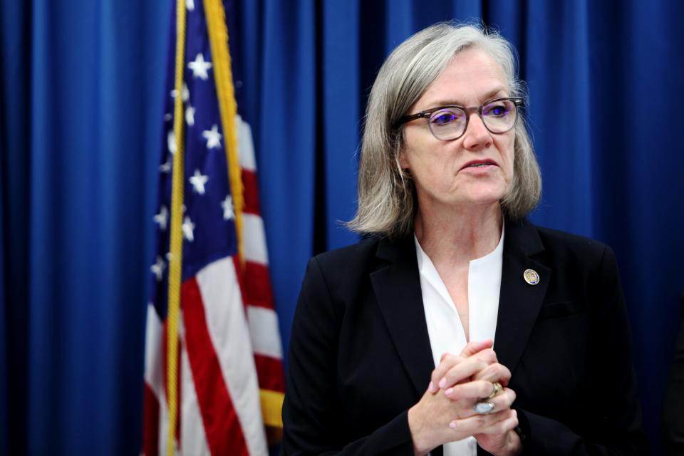 Members of the prosecution team speak at a news conference after Patricia “Tricia” Ashton Derges, 64, of Nixa, Mo., was found guilty of 10 counts of wire fraud, 10 counts of distributing drugs over the internet without a valid prescription, and two counts of making false statements to a federal law enforcement agent.