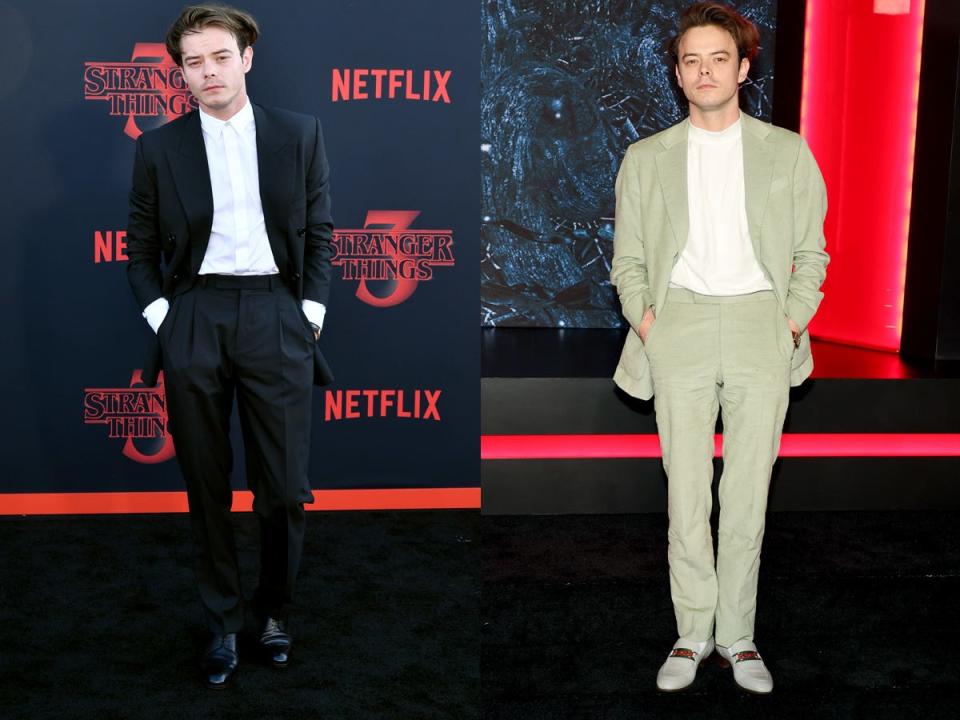 Charlie Heaton at "Stranger Things" premieres in 2019 and 2022.