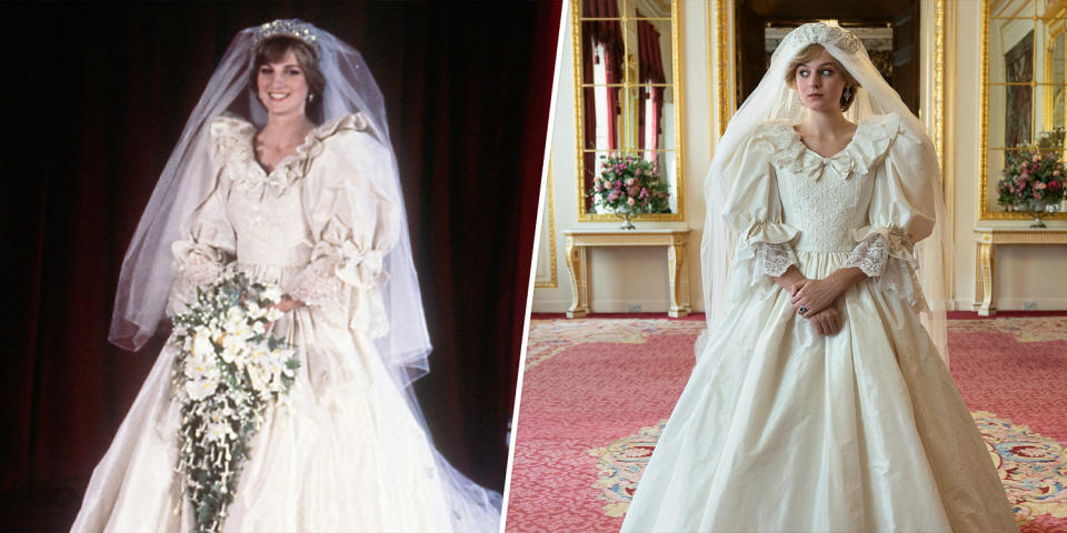 (Left) Diana, Princess of Wales, in her bridal dress on the day of her wedding to Prince Charles on July 29, 1981. (Right) Emma Corrin as Princess Diana in 