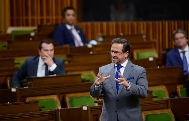 Bloc Quebecois Leader Yves-Francois Blanchet stands during question period in the House of Commons on Parliament Hill amid the COVID-19 pandemic in Ottawa on May 25, 2020.